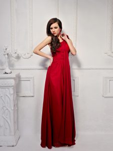 New Style One Shoulder Sleeveless Floor Length Ruching and Hand Made Flower Side Zipper Homecoming Dress with Wine Red