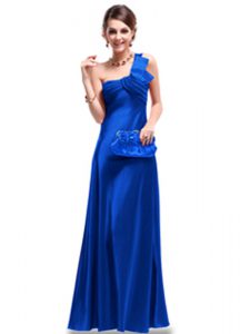 Satin One Shoulder Sleeveless Criss Cross Ruching Prom Party Dress in Royal Blue
