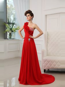 Discount One Shoulder Sleeveless Satin With Train Court Train Zipper Prom Evening Gown in Red with Beading and Hand Made