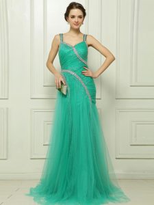 Sleeveless Organza With Brush Train Side Zipper Prom Dresses in Turquoise with Beading and Ruching