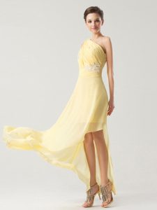 Most Popular Light Yellow Prom Gown Prom and Party and For with Beading and Ruching One Shoulder Sleeveless Side Zipper