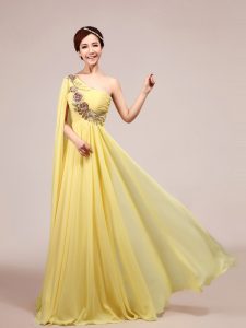 With Train Light Yellow Prom Dresses One Shoulder Sleeveless Sweep Train Zipper