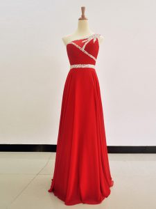One Shoulder Floor Length Red Prom Party Dress Chiffon Sleeveless Beading