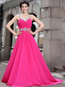 Hot Pink A-line Beading Prom Gown Zipper Chiffon Sleeveless