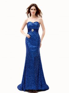 Hot Sale Mermaid Royal Blue Sleeveless With Train Beading and Belt Lace Up Dress for Prom