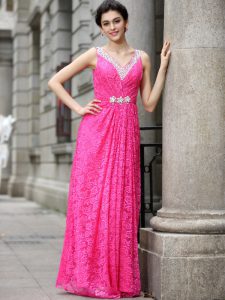 Extravagant Floor Length Hot Pink Lace Sleeveless Beading and Lace