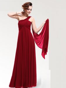 Wine Red Empire One Shoulder Sleeveless Chiffon Floor Length Zipper Ruching Evening Dress