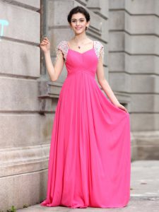 Floor Length Hot Pink Prom Party Dress V-neck Cap Sleeves Zipper