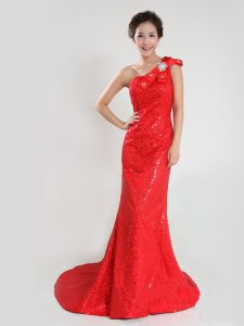 Traditional Coral Red One Shoulder Neckline Sequins and Bowknot Homecoming Dress Sleeveless Zipper