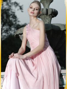 Fashionable Floor Length Baby Pink Prom Evening Gown One Shoulder Sleeveless Side Zipper