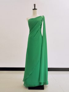 Green Zipper One Shoulder Ruching Prom Gown Chiffon Long Sleeves