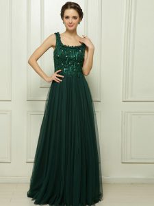Nice Dark Green Tulle Zipper Dress for Prom Sleeveless With Train Sweep Train Beading