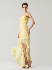 Super Sleeveless Chiffon High Low Zipper Homecoming Dress in Light Yellow with Ruching