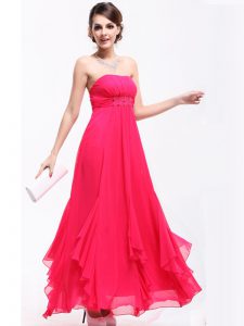 Dynamic Ankle Length Hot Pink Evening Dress Chiffon Sleeveless Beading and Ruching