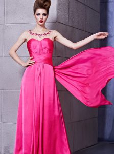 Hot Pink Zipper Dress for Prom Ruching Sleeveless Floor Length