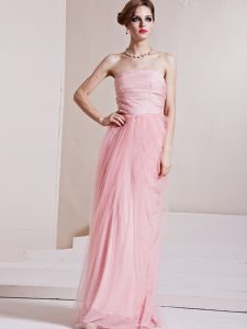 Low Price Baby Pink Sleeveless Floor Length Ruching Side Zipper Prom Gown