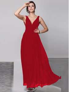 Wine Red Chiffon Backless V-neck Sleeveless Floor Length Prom Dress Beading