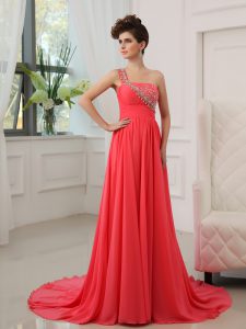 Modest One Shoulder Beading Prom Party Dress Watermelon Red Zipper Sleeveless With Brush Train