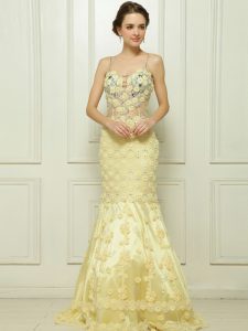 Gorgeous Mermaid Light Yellow Side Zipper Prom Dresses Beading and Hand Made Flower Sleeveless With Brush Train