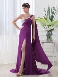 Purple One Shoulder Neckline Beading and Sashes ribbons Prom Evening Gown Sleeveless Zipper