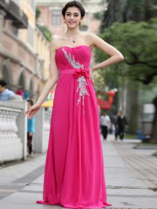 Chiffon Sweetheart Sleeveless Brush Train Zipper Beading and Hand Made Flower Dress for Prom in Hot Pink