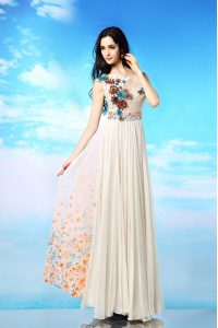 Scoop Sleeveless Prom Evening Gown Ankle Length Appliques and Ruching and Pattern White Chiffon