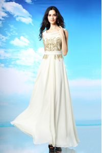 Scoop White Chiffon Side Zipper Prom Dress Sleeveless Ankle Length Beading and Ruching