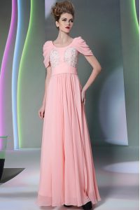 Eye-catching Scoop Floor Length Baby Pink Prom Gown Chiffon Cap Sleeves Beading