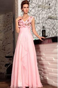 Luxury Sleeveless Floor Length Appliques Zipper Homecoming Dress with Baby Pink