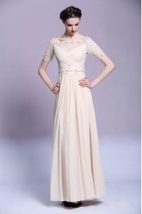 Chiffon Bateau Sleeveless Zipper Beading and Appliques and Ruching Dress for Prom in Champagne