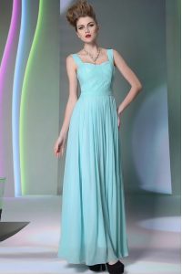 Deluxe Straps Sleeveless Prom Gown Floor Length Beading Aqua Blue Chiffon