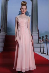 Great Baby Pink Chiffon Side Zipper Prom Dress Cap Sleeves Floor Length Beading