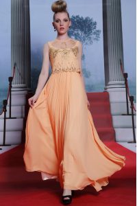 Trendy Floor Length Side Zipper Prom Evening Gown Orange for Prom and Party with Beading and Appliques