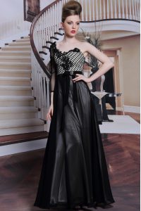 Black Chiffon Side Zipper Homecoming Dress 3 4 Length Sleeve Floor Length Beading and Appliques and Hand Made Flower