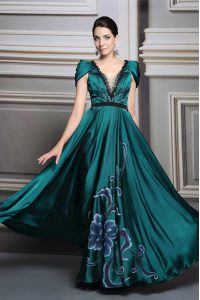 Dark Green V-neck Neckline Beading and Embroidery and Belt Dress for Prom Short Sleeves Zipper