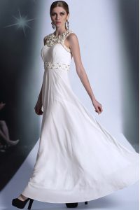 Scoop Sleeveless Floor Length Beading and Hand Made Flower Zipper Prom Dress with White