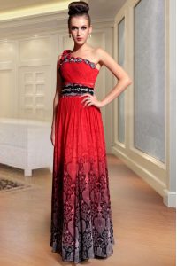 One Shoulder Pleated Floor Length Column/Sheath Sleeveless Red Prom Party Dress Side Zipper
