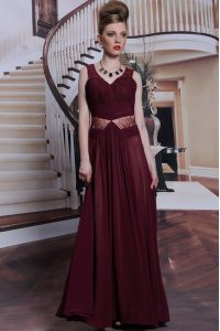 Customized Sleeveless Chiffon Floor Length Zipper Prom Dress in Burgundy with Beading and Ruching