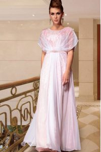 Ankle Length Pink Dress for Prom Scoop Cap Sleeves Side Zipper