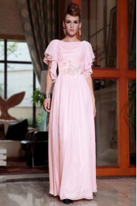 Customized Pink Bateau Neckline Beading and Ruching Homecoming Dress Cap Sleeves Side Zipper