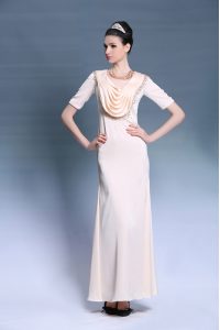 Classical Scoop Champagne Short Sleeves Chiffon Zipper Evening Dress for Prom and Party