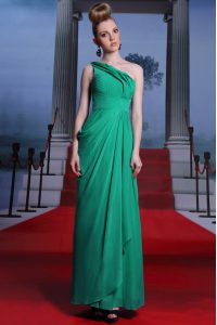 Elegant One Shoulder Sleeveless Floor Length Beading and Ruching Side Zipper Prom Evening Gown with Turquoise