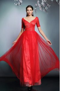 Nice Red Dress for Prom Prom and Party and For with Sequins V-neck Short Sleeves Zipper
