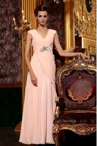 Shining V-neck Cap Sleeves Chiffon Prom Evening Gown Beading and Embroidery and Ruching Side Zipper
