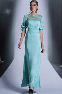 Hot Selling Half Sleeves Floor Length Sequins and Pleated Zipper Prom Gown with Aqua Blue