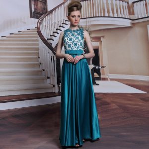 Flirting Scalloped Sleeveless Clasp Handle Prom Gown Teal Satin