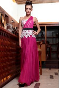 Comfortable Fuchsia Column/Sheath Chiffon One Shoulder Sleeveless Beading and Appliques and Ruching Ankle Length Side Zi