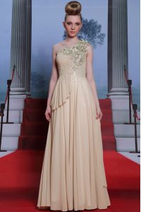 Custom Design Champagne One Shoulder Neckline Appliques and Ruching Dress for Prom Sleeveless Side Zipper