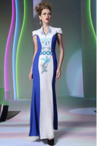 Traditional Blue And White Cap Sleeves Floor Length Embroidery Zipper Evening Dress