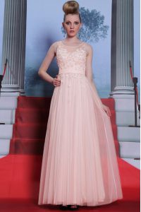 Unique Scoop Floor Length Side Zipper Prom Party Dress Baby Pink for Prom and Party with Lace